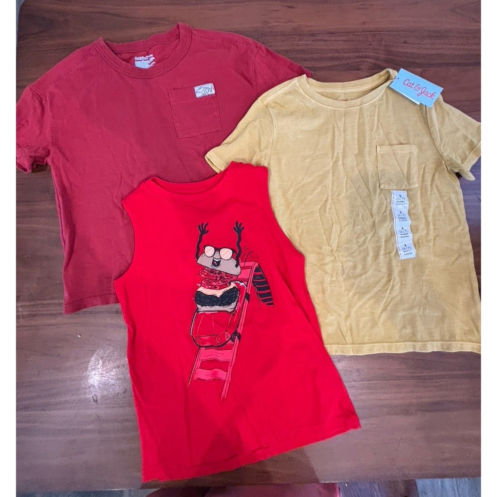Cat & Jack Boys Size Small 6/7 Shirts Lot of 3 NWT Red Yellow Graphic Pocket Tee